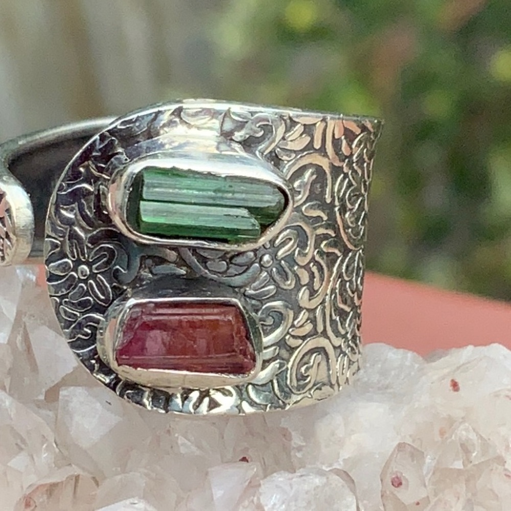 BOUTIQUE GREEN & PINK TOURMALINE 925 SILVER RING